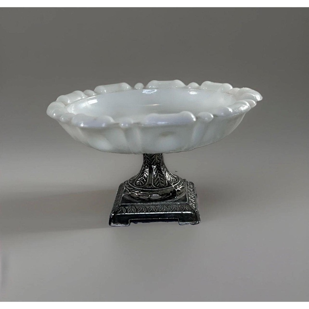 Vintage pedestal dish white glass metal footed soap trinket tray